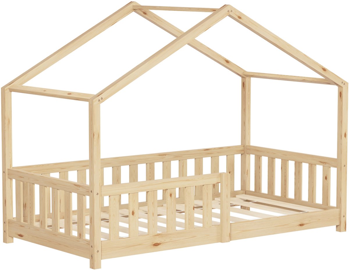 ml-design kinderbed huisbed 80x160 cm naturel massief grenenhouten bed met dak lattenbodem en uitvalbescherming Montessori vloerbed speelbed juniorbed houten bedframe huisbed voor kinderen meisjes jongens kinderkamer jeugdbed stabiel veilig Beige