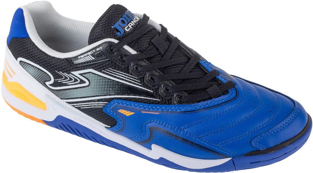 Blauwe Joma Cancha 25 CANW IN indoorschoenen voor mannen, maat 44,5, van synthetisch leder met zwarte en oranje accenten.