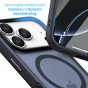Donkerblauw hoesje met verhoogde randen ter bescherming van camera en scherm.