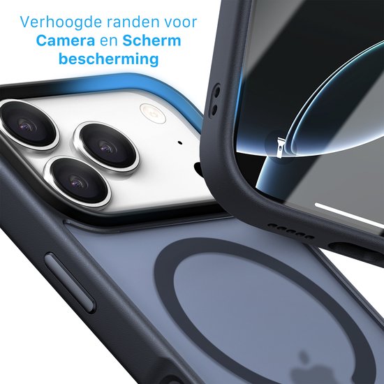 Donkerblauw hoesje met verhoogde randen ter bescherming van camera en scherm.