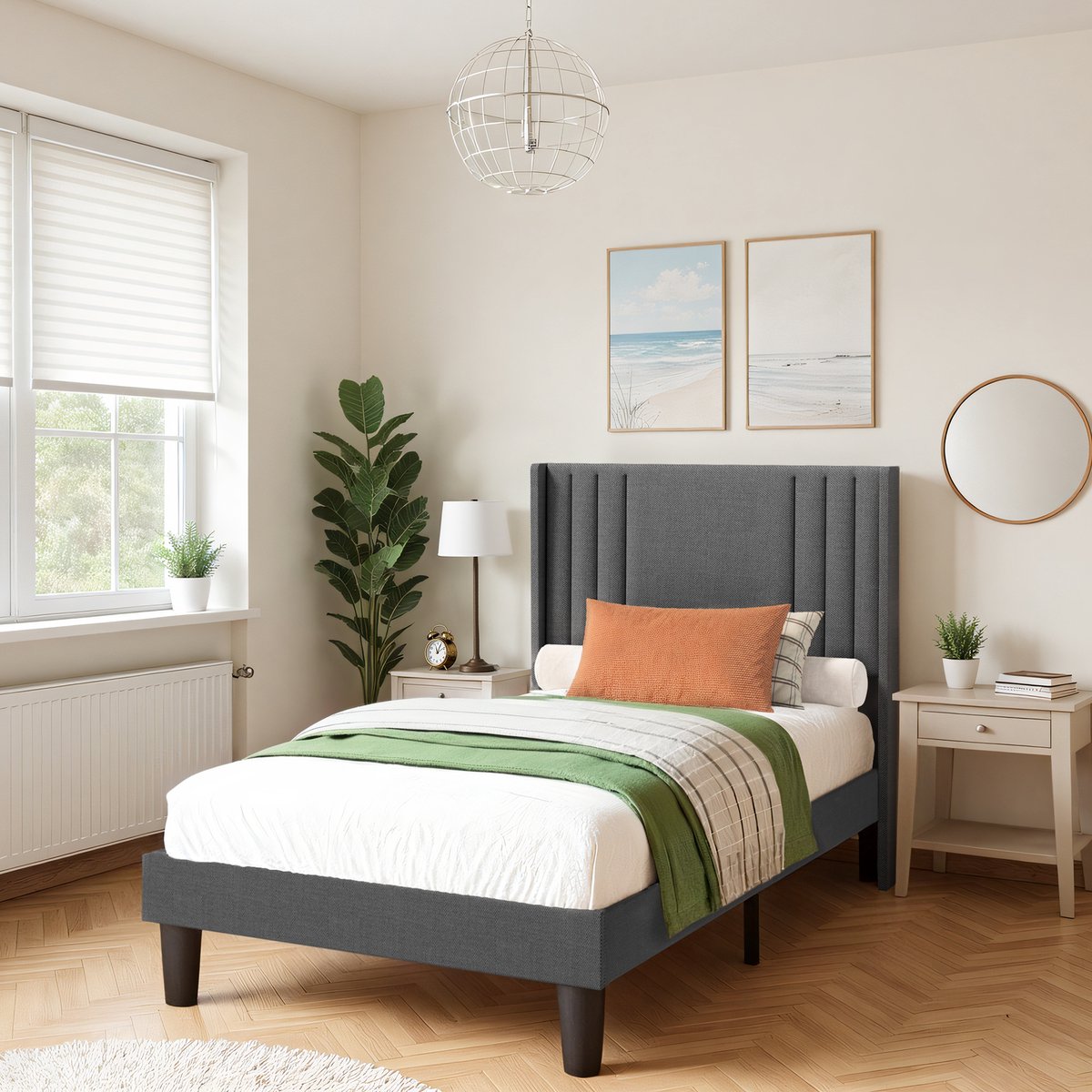 Xbro Eenpersoonsbed met Gestoffeerd Hoofdbord – 90x200 cm – Platform Bedframe met Houten Latten – Modern & Stevig – Donkergrijs – Geen Boxspring Nodig