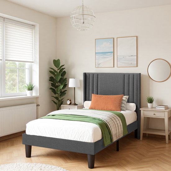 Xbro Eenpersoonsbed met Gestoffeerd Hoofdbord – 90x200 cm – Platform Bedframe met Houten Latten – Modern & Stevig – Donkergrijs – Geen Boxspring Nodig