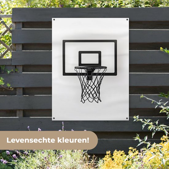 Tuinposter 90x120 cm - Tuindecoratie Basketbalbord - Minimalistisch - Zwart - Poster voor in de tuin - Buiten decoratie - Schutting tuinschilderij - Tuindoek muurdecoratie - Wanddecoratie balkondoek