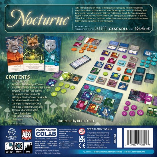 Achterkant doos bordspel Nocturne met illustratie, inhoudsopgave en spelersinformatie.