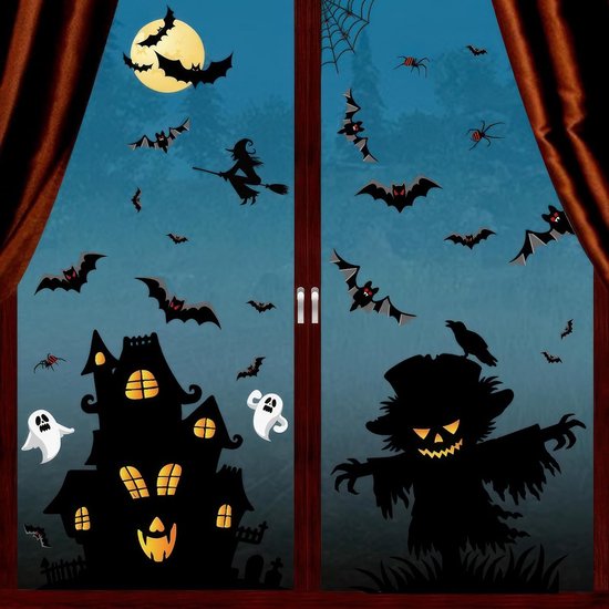 Foto: 2 vellen raamdecoratie halloween raamstickers spook raamstickers heks vleermuis muurstickers halloween feestartikelen 20 30 cm zwart