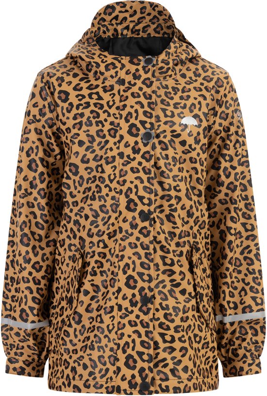 Gele regenjas met bruine panterprint, capuchon, knoopsluiting en reflecterende strepen.