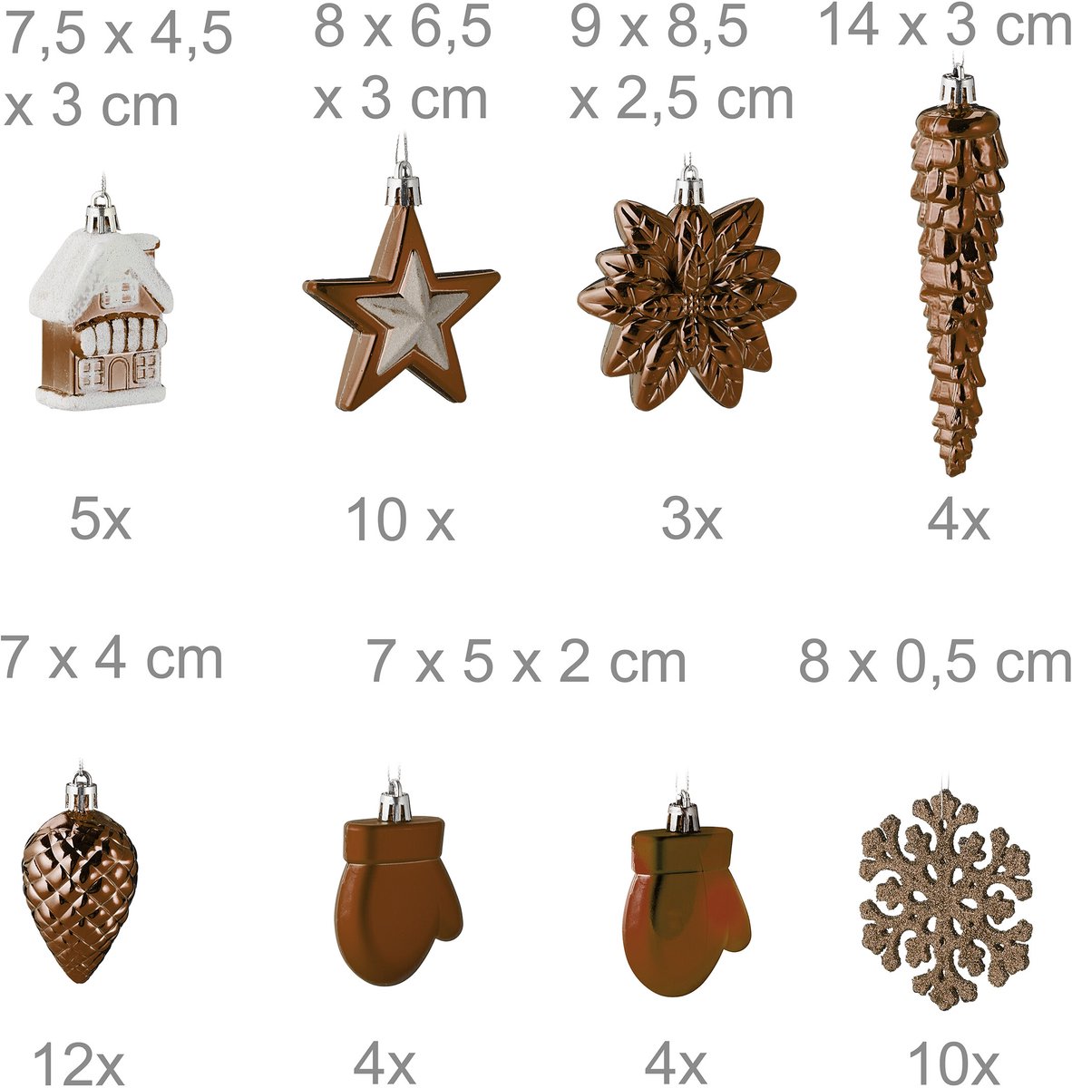 Kerstballen set van 100 - plastic - mat - glanzend - glitters - 10 designs - bruin – foto 2