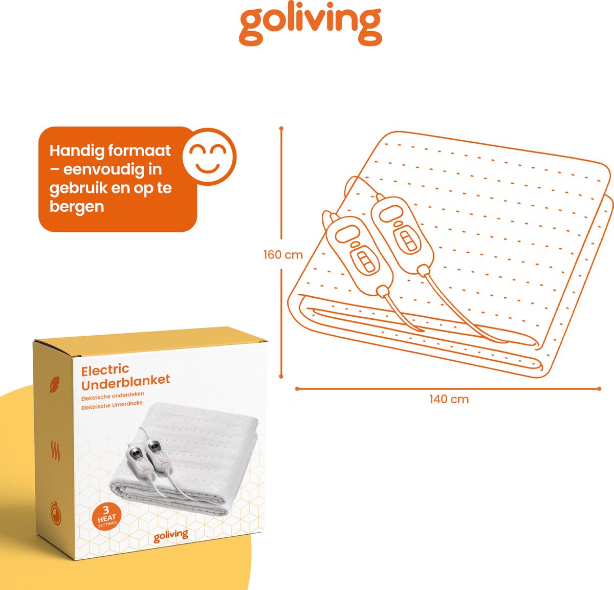 Goliving Elektrische Onderdeken – 2–Persoons – Warmtedeken – Elektrische Deken – 3 Warmtestanden – Timerfunctie – 60 Watt – Polyester – 160 x 140 cm – Wit — cadeau in Cadeau-ideeën - foto 6