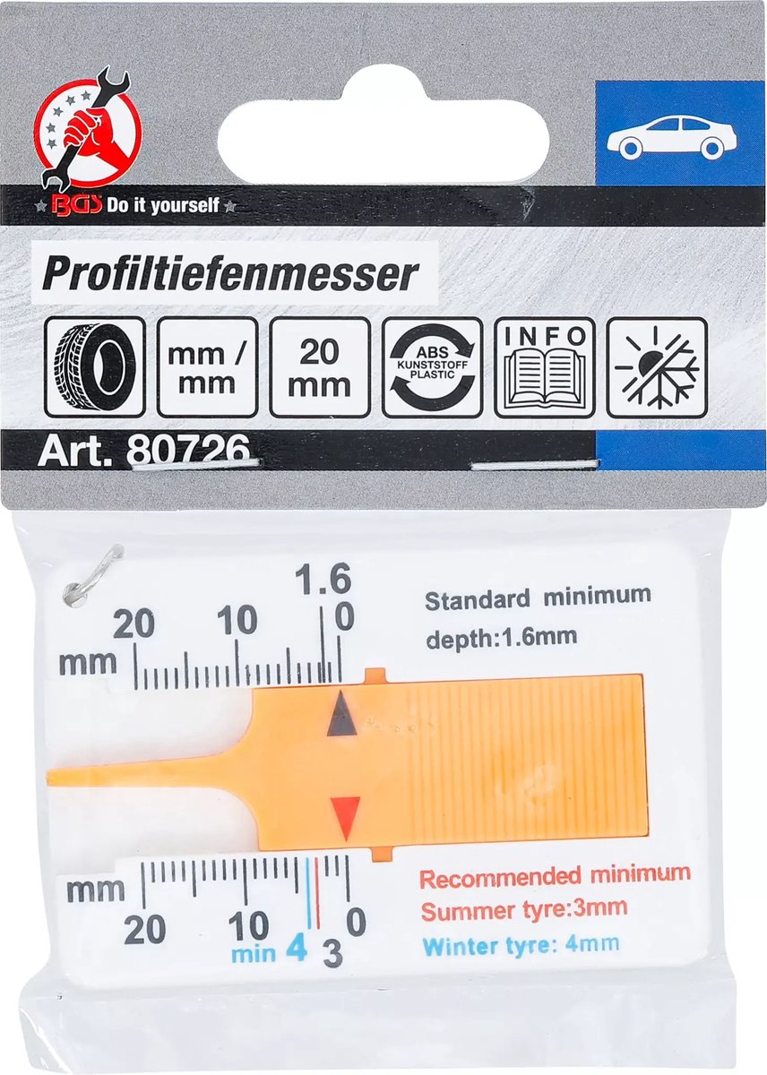 BGS Profieldieptemeter - met sleutelhanger - 0 - 20 mm