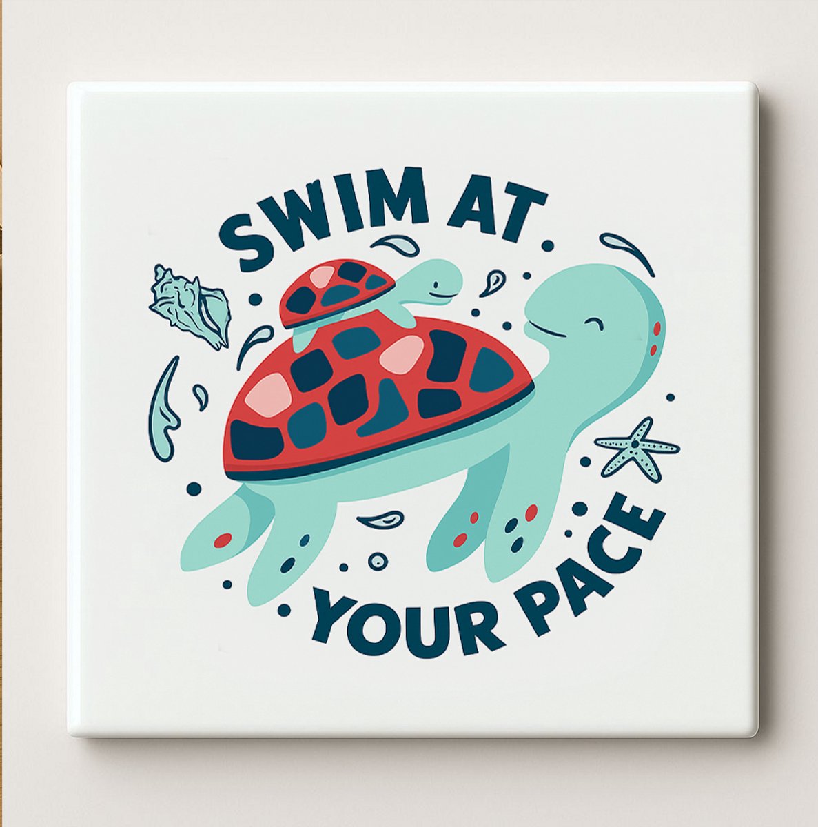 Swim at Your Pace Keramische Tegel 15x15cm – Motiverende Schildpad Wandtegel, Schattige Zee-Thema Decoratie en Inspirerend Cadeau voor Kinderen of Badkamer