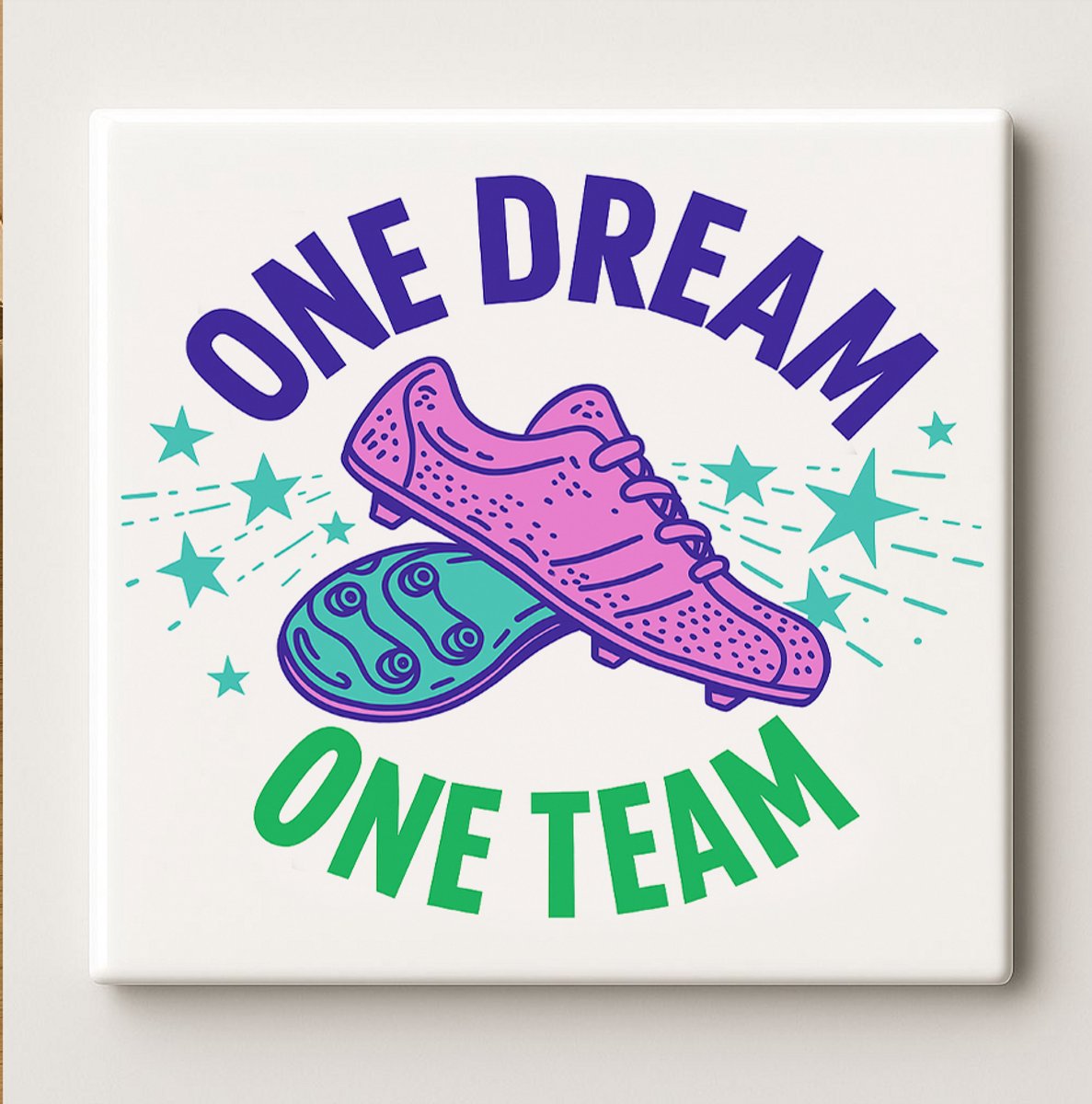 Motiverende Voetbal Tegel “One Dream One Team” 15x15 cm – Inspirerende Keramische Wanddecoratie Cadeau voor Voetbalteams en Sportliefhebbers