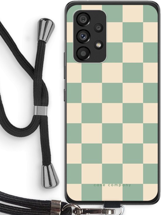 Telefoonhoesje met geblokt patroon in mintgroen en crème, met zwart koord.