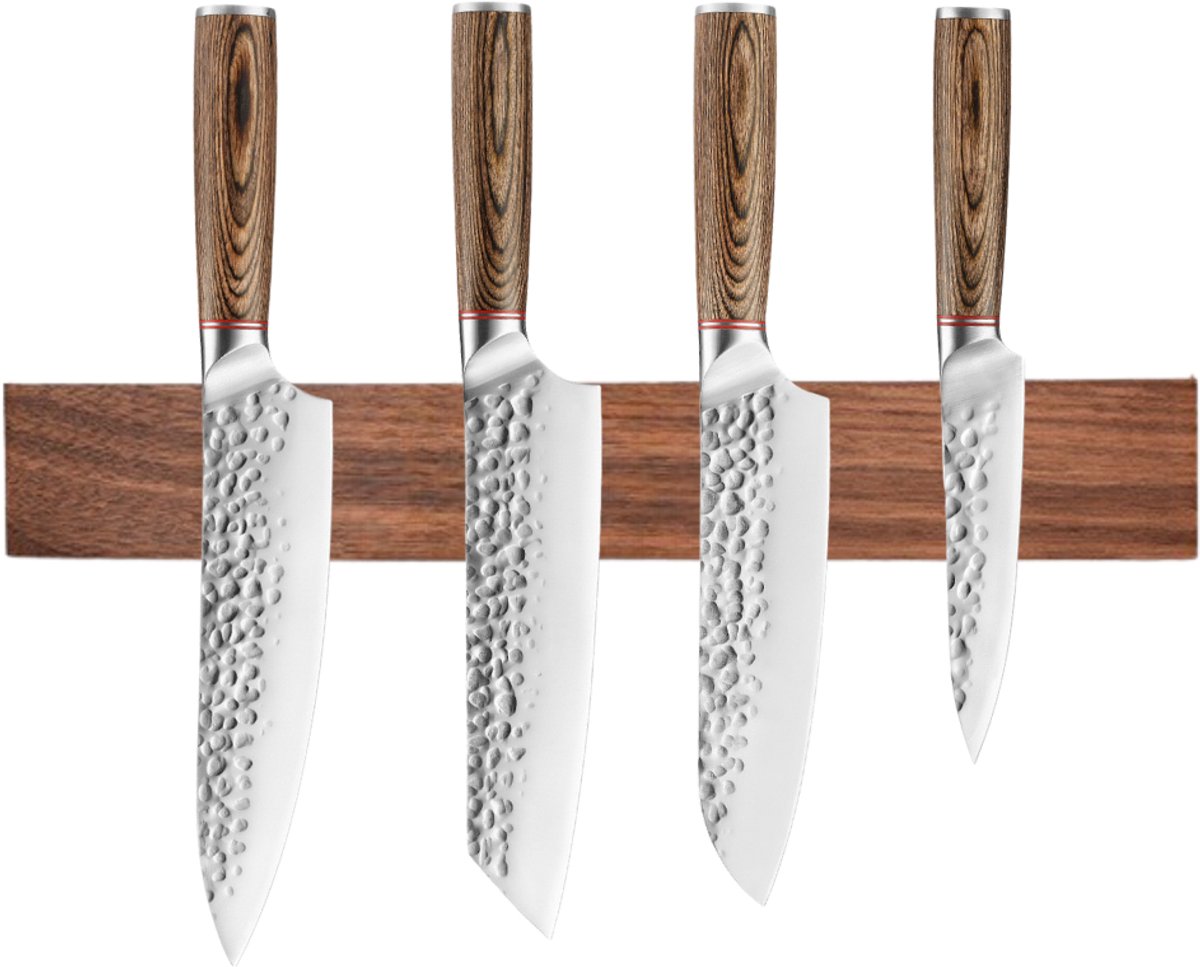 Kaëru® Japanse Messenset 4-delig + Houten Messenblok – Acaciahout – Hamerslagafwerking – Roestvrij staal – Duurzaam & Stijlvol – Complete Keukenmessenset