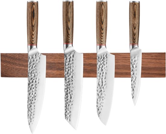 Kaëru® Japanse Messenset 4-delig + Houten Messenblok – Acaciahout – Hamerslagafwerking – Roestvrij staal – Duurzaam & Stijlvol – Complete Keukenmessenset