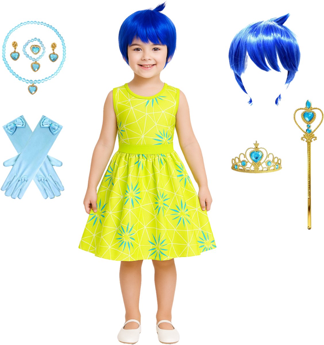Joya Kids® Inside Verkleedjurk Joy | Binnenste buiten Verkleedset Plezier | Verkleden Binnenste | Carnvalskleding Halloween | Verkleed Jurk Groen | Accessoiresset Blauwe Pruik | Maat 140