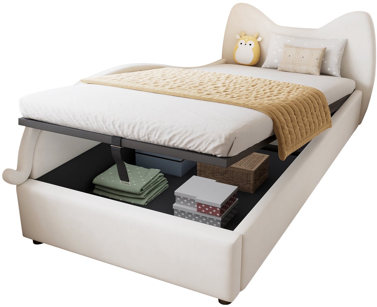 Merax Gestoffeerd Bed voor Kinderen - Eenpersoonsbed 90x200 cm - Katten Design - Bed met Hydraulische Opbergruimte en Greepbanden - Fluweel Beige - Inclusief Houten Lattenbodem