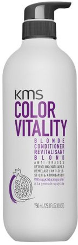 Witte KMS Color Vitality Blonde Conditioner fles met grijze pompdispenser en een granaatappel-icoon.