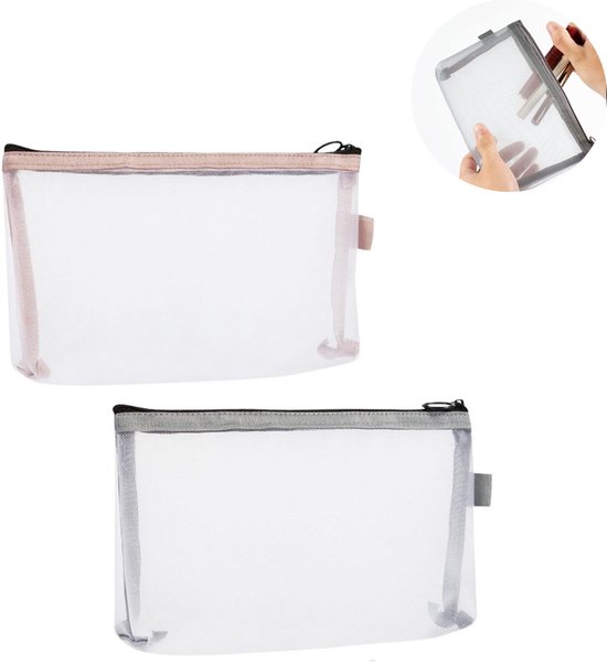 Twee mesh toilettassen, één met roze en één met grijze ritsband.