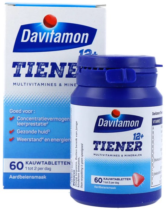 Davitamon Tiener 12+ flesje met 60 aardbei kauwtabletten en verpakking.