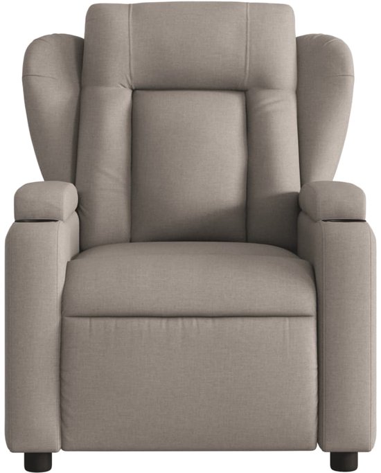 Vooraanzicht van taupe fauteuil met hoge rugleuning.