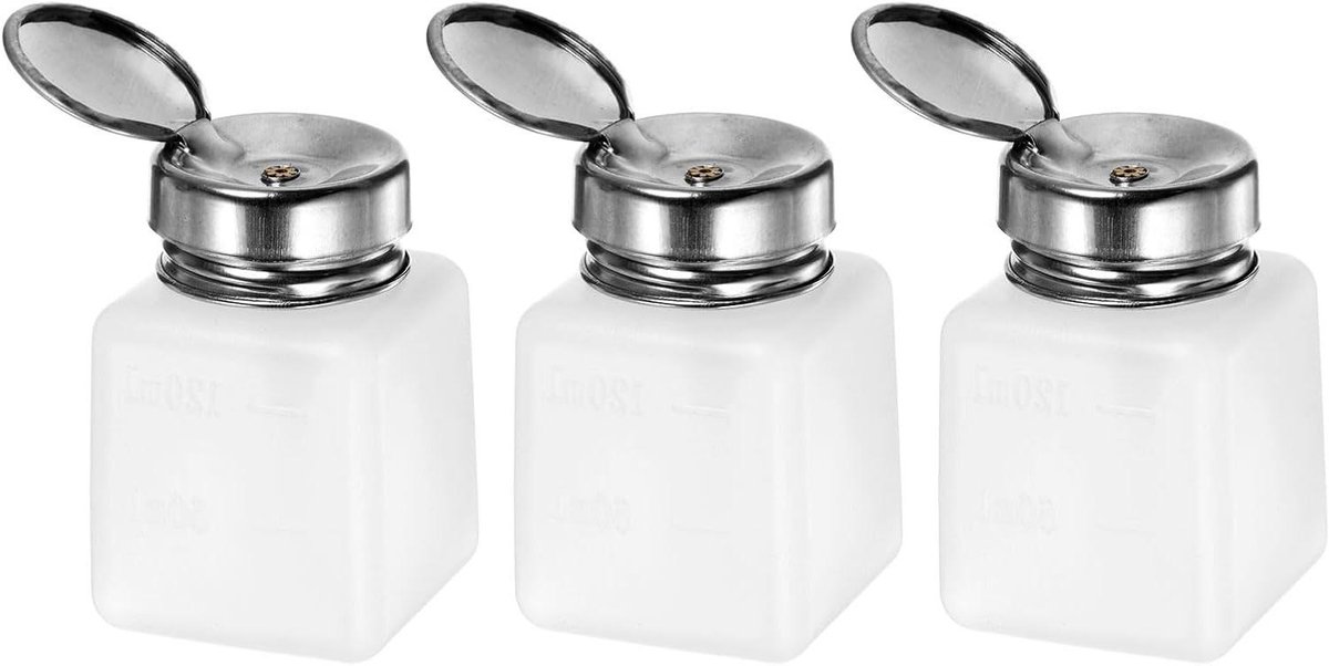 Image of 3 stuks oplosmiddel-alcoholdispenser 120 ml, drukbare vloeistofdispenser met roestvrijstalen deksel - ideaal voor acetonreiniger, polijstmiddelverwijderaar in wit - Handige pomp met afdichting