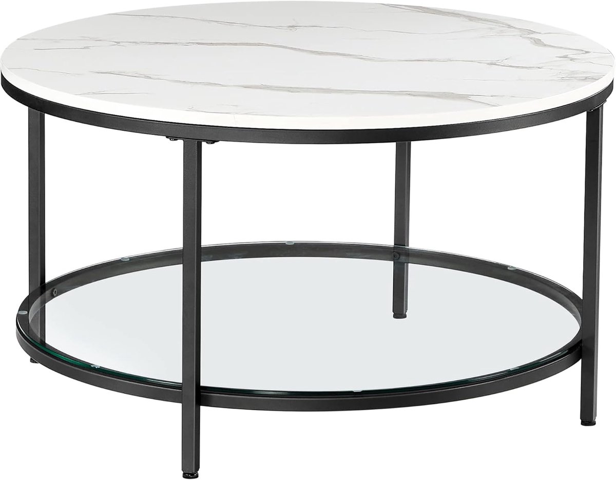 FurnStar Salontafel – Woonkamertafel met glasplaat – Moderne banktafel met veel opbergruimte – Eenvoudige montage – 80 x 44,5 cm -Marmerwit/Inktzwart –