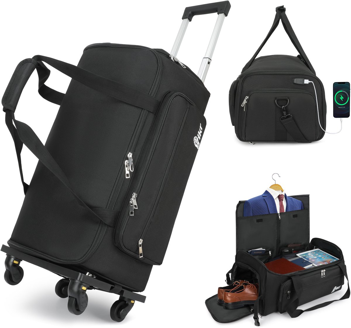 Hikr Zakelijke Kledingtas – Kostuumtas met wieltjes en USB voor pak – Waterdichte garment bag – Opvouwbare trolley – Handbagage 55x35x25cm – Weekendtas – Zwart
