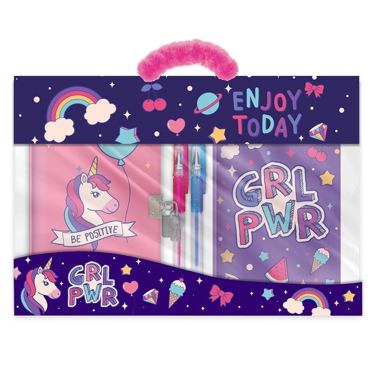 Girl PWR & Eenhoorn Dagboek met Slot + 2 Gelpennen – met extra notitieboek (unicorn)