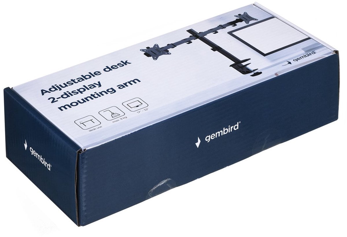 Gembird Bureau Monitorarm voor Dubbele Monitoren, 17–32", Tot 9 kg per Monitor, 360° Rotatie Landschap/Portret, Kanteling 45°, 90° Zwenkbaar, VESA-compatibel, Kabelbeheer, Zwart thumbnail 6