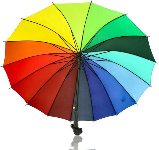 Grote regenboogparaplu met 16 gekleurde vlakken in rood, oranje, geel, groen, blauw en grijs. Zwarte steel met gebogen handvat.