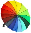 Grote regenboogparaplu met 16 gekleurde vlakken in rood, oranje, geel, groen, blauw en grijs. Zwarte steel met gebogen handvat.