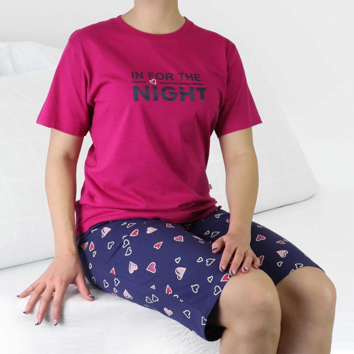 Irresistible Dames Pyjama - 3/4 Broek - Hartjes - Fuchsia Roze