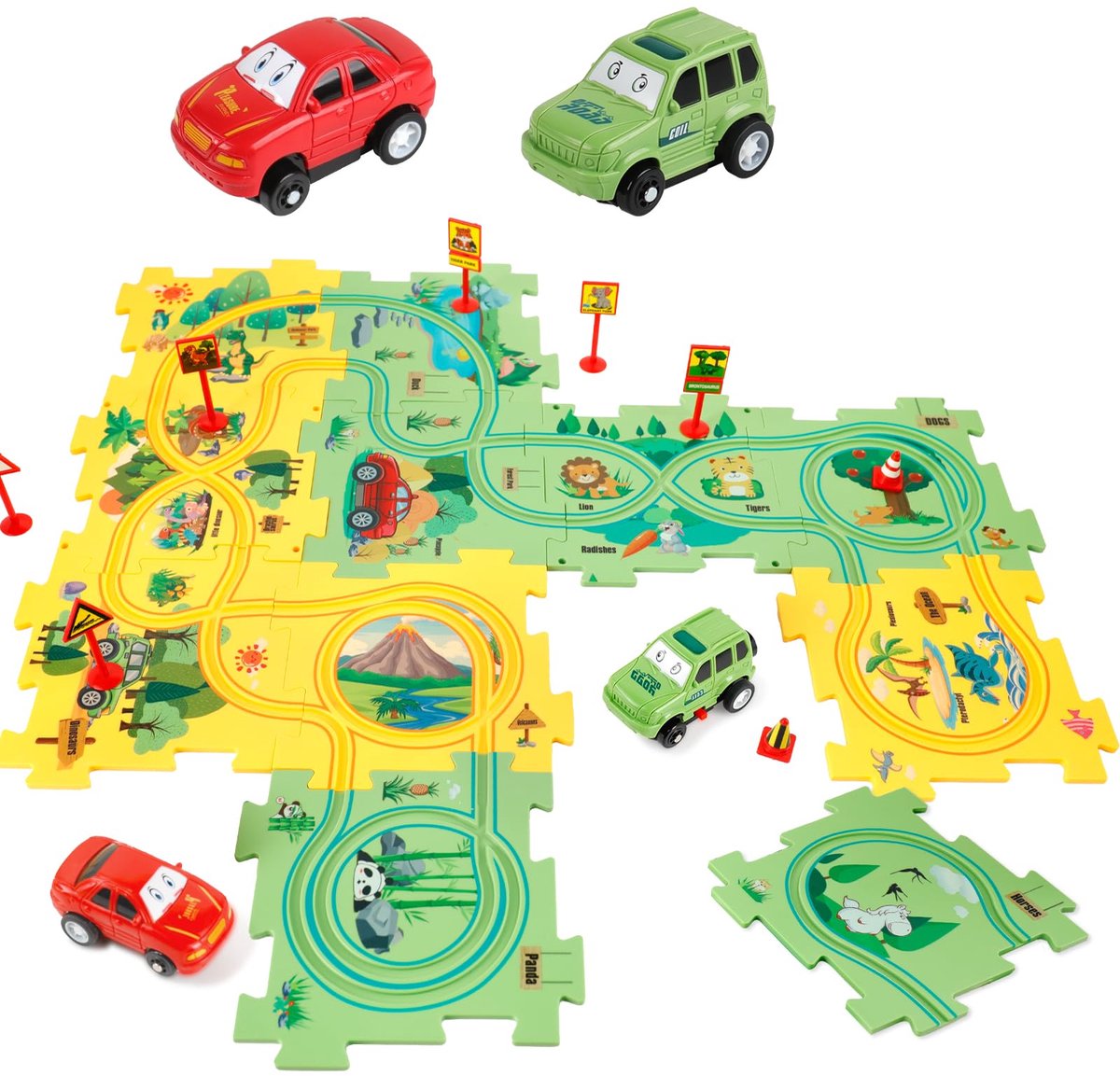 Image of 50 Stuks Plastic Vloerpuzzels Voor Kinderen Met 2 Leuke Voertuigen, Puzzel Racer Kinderautobaanset, Montessori-speelgoed Voor Jongens Van 3, 4, 5 En 6 Jaar, Cadeaus Voor Jongens Van 3, 4, 5 En 6 Jaar, Speelgoed Voor Kinderen Van 2 Tot 4 Jaar