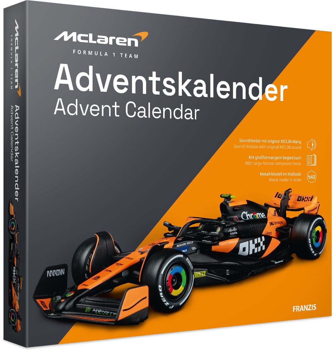 Franzis Adventskalender 2025 - 67391 McLaren MCL38 - Formule 1 - Lando Norris No.4 - Metalen Modelbouwpakket Adventskalender met Geluid - 1:43