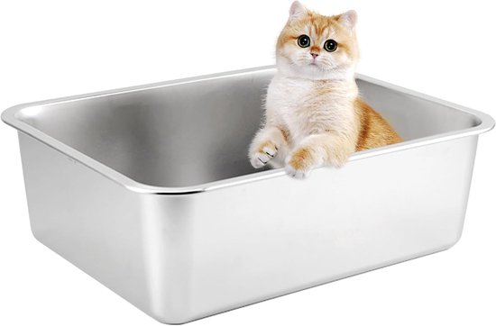 Grfeli Kattenbak van roestvrij staal, grote box voor katten en konijnen, neemt nooit geuren op, gemakkelijk te reinigen (60 x 40 x 10 cm