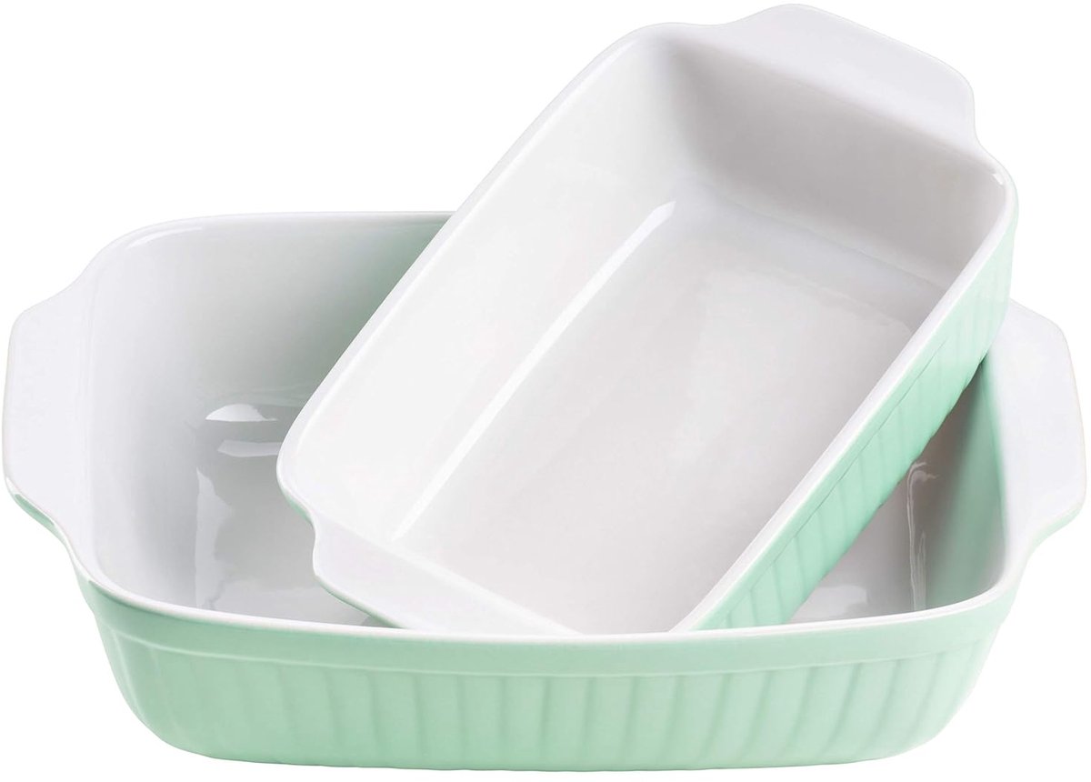 Rechthoekige ovenschalen set - keramiek - 2 stuks - pastelgroen