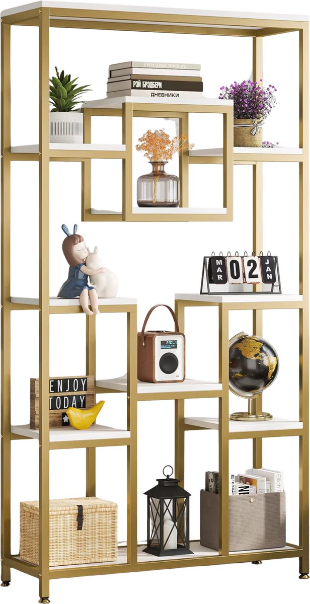 Happiq Boekenkast Dubai - Goud - Met 5 Lagen - Marmerlook - Voor Woonkamer, Slaapkamer of Kantoor Wit marmerlook