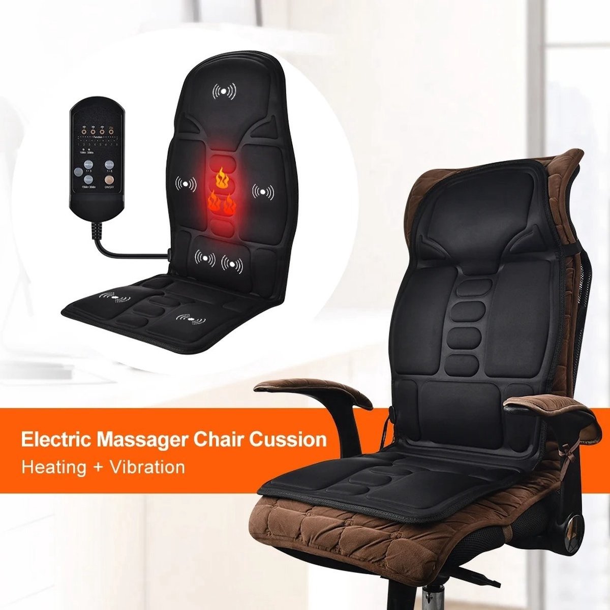 QPFO® Elektrisch Massage Stoelkussen - Verwarming en Vibratie - Rugmassage met Afstandsbediening - Stoel Pad voor Auto en Thuis - Lumbale Pijnverlichting – foto 3