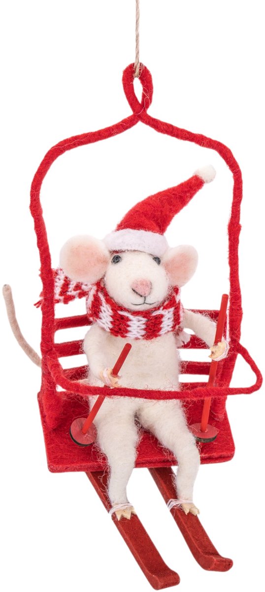 Sass & Belle Muis in skilift vilten kersthanger - Sass & Belle rood