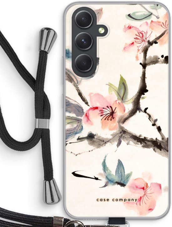 Hoesje voor telefoon met Japanse bloemenprint en zwart koord.