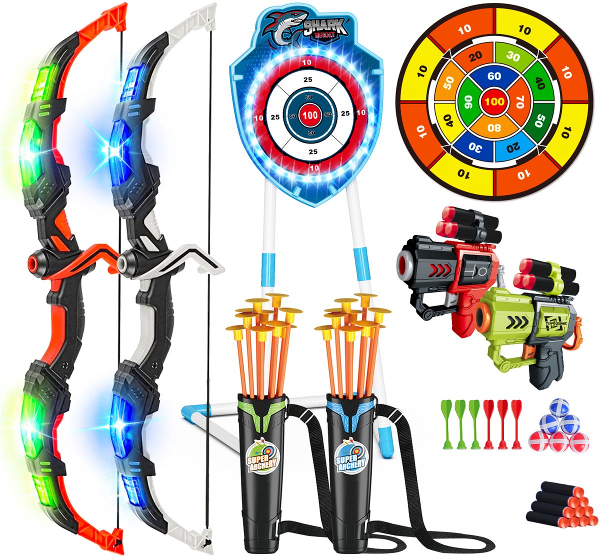 VATOS 2-Pack Pijl en Boog - 4-in-1 Boog schieten Dartspel - 20 Zuignap Pijlen Haai Glow Doel Dartbord - met LED Licht - Binnen/Buiten Schiet Speelgoed voor Kinderen volwassenen 5-12+