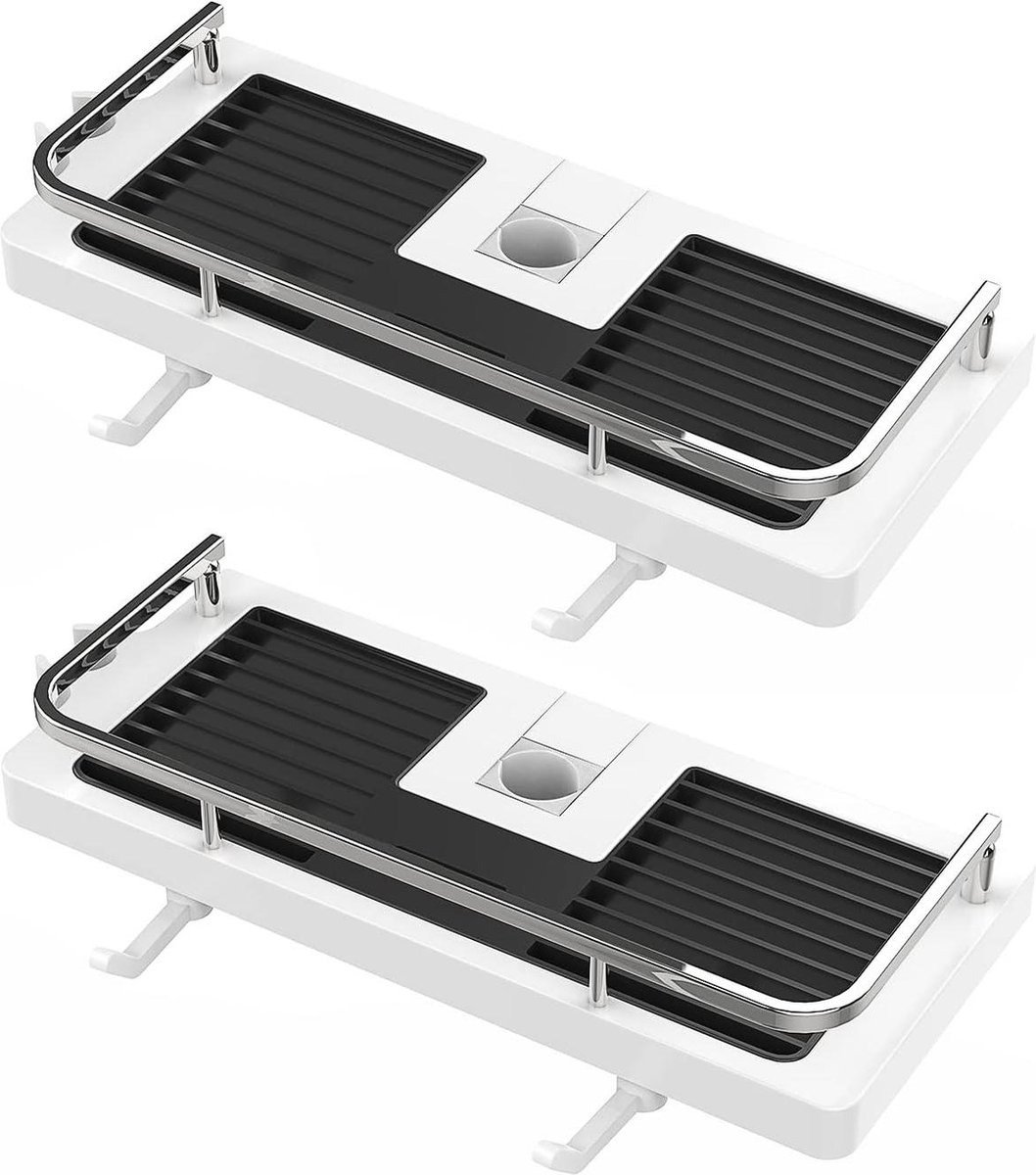 QPFO® doucheplank zonder boren met 4 haken en 2 houders - wit telescopisch doucherek voor stangen 20 mm tot 25 mm