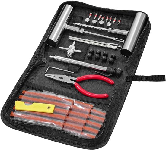 Zwarte etui met bandenreparatieset, waaronder tangen, priemen en rubberen strips.