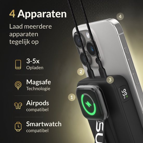 Zwarte powerbank met MagSafe technologie laadt iPhone, AirPods en smartwatch tegelijk op.