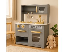 foto van Maxx kidz - Houten Speelgoed Keuken - Complete Speelkeuken - Antraciet Keukentje - Stevige Kinderkeuken - Speelgoedkeuken met Accessoires