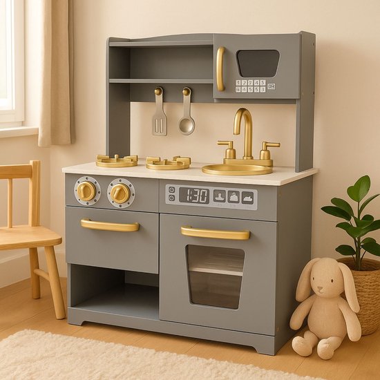 Maxx kidz - Houten Speelgoed Keuken - Complete Speelkeuken - Antraciet Keukentje - Stevige Kinderkeuken - Speelgoedkeuken met Accessoires