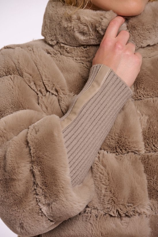 Rino & Pelle Feline Panel Faux Fur Jacket With Knit Sleeve Toffee