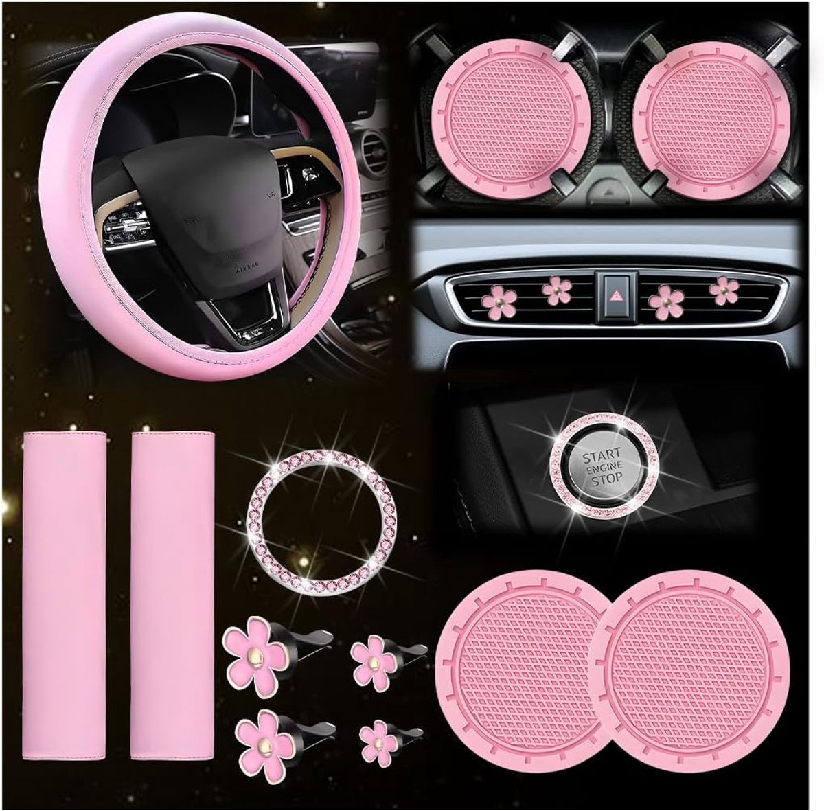 Image of 10-delige stuurhoes set voor autoaccessoires - interieur schattige autoaccessoires - veiligheidsgordel schouderbanden bekerhouder voor vrouwen auto-interieur roze