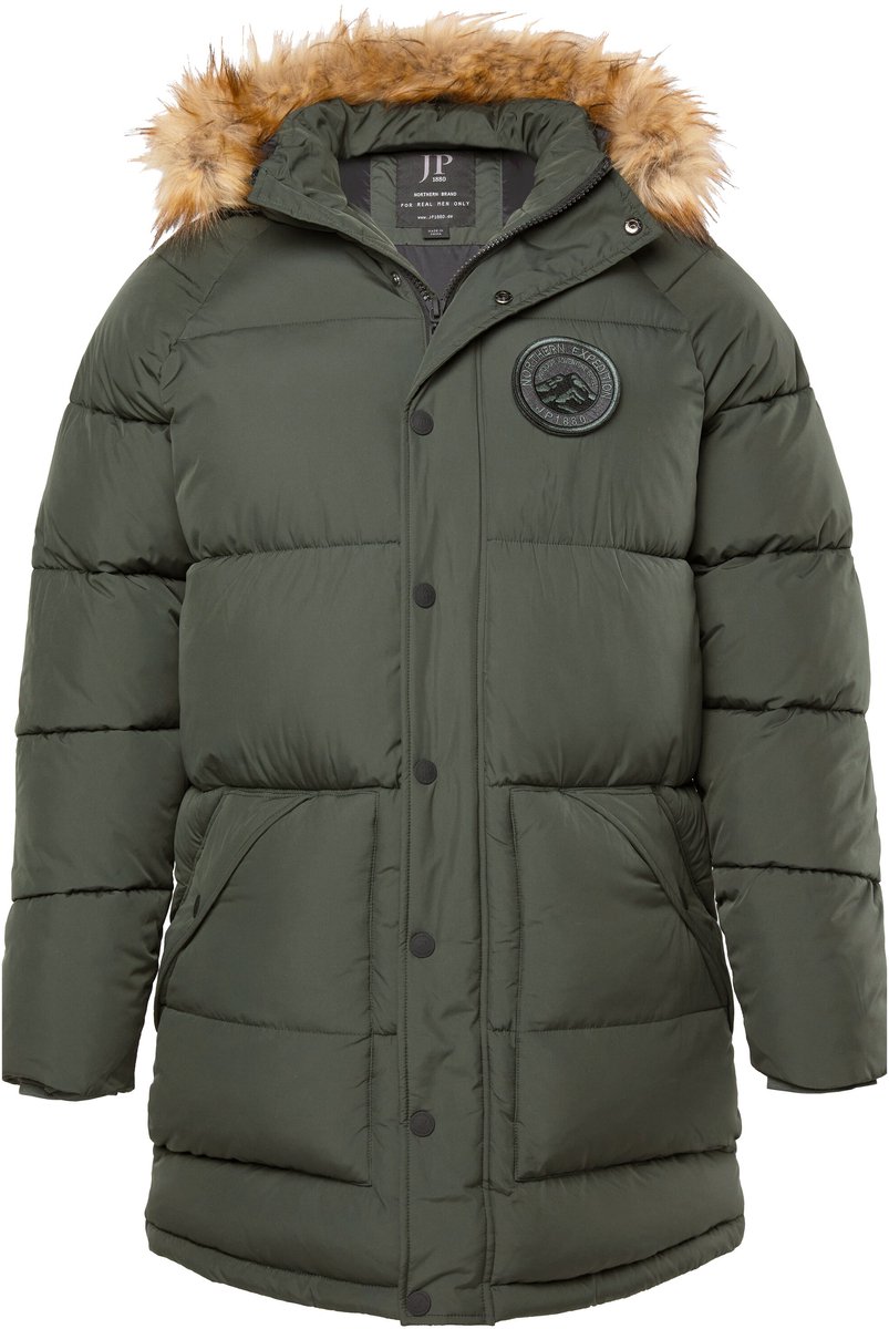 JP 1880 - Heren - Doorgestikte parka capuchon geweven bont badges - Donker zeewier - Maat 7XL
