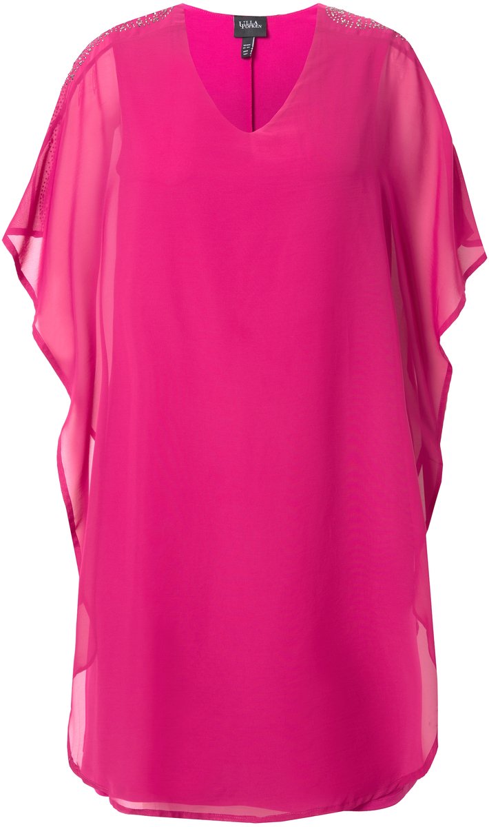 Ulla Popken Dames - Chiffon jurk dubbellaags V-hals 3/4-mouwen - Magenta - Maat 50+